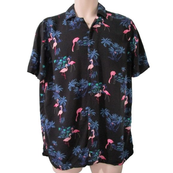 Hollister Pink Flamingo Camp Island Hawaiian Shirt Med GUC Rayon Blend - Picture 1 of 10